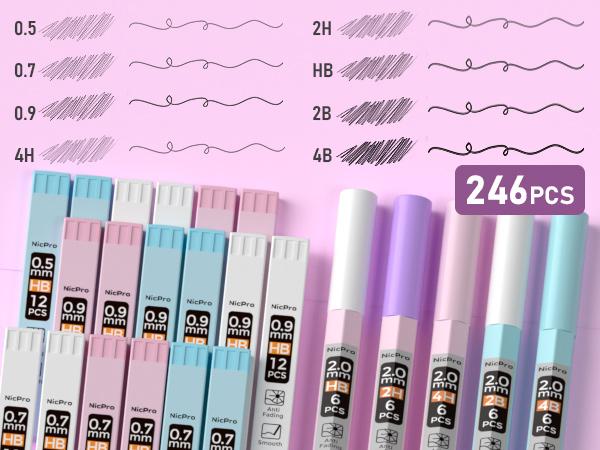 Nicpro 47Pcs Pastel Mechanical Pencil Set With Big Capacity Pencil Case, Cute Mechanical Pencils 0.5, 0.7, 0.9 & 2mm Lead Holder with 4B 2B HB 2H Color Lead Refills Eraser for Student Writing Drawing