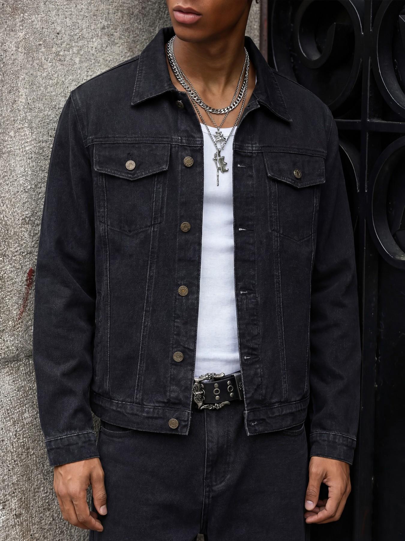 Men's Vintage Washed Black Denim Jacket for Autumn and Winter, Work Jacket with Metal Buttons and Turned Collar, Distressed Cropped Outerwear, Street Vintage Boyfriend Casual Style Top