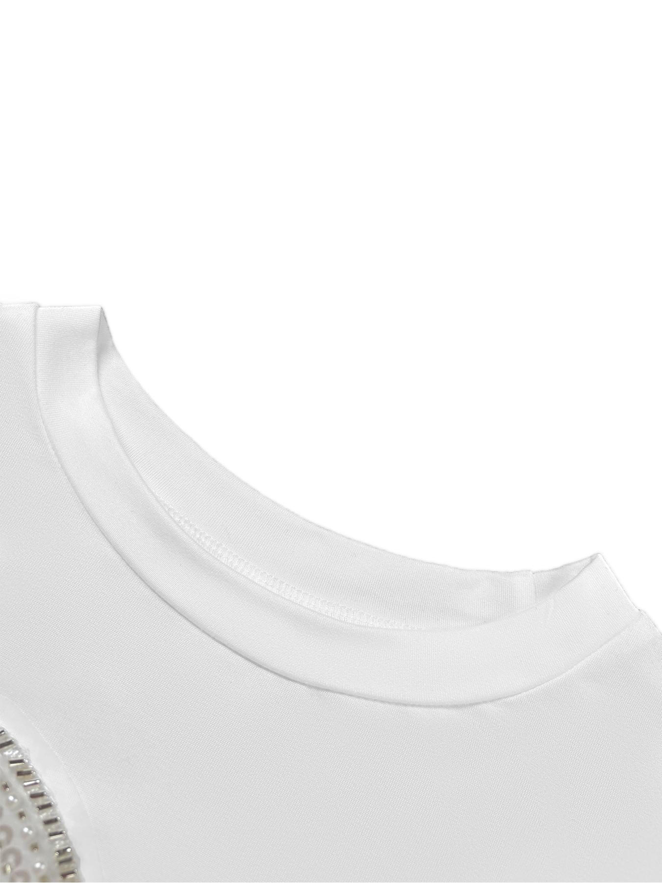 Women's Fashion Butterfly Sequins Detail Tee, Casual Style Short Sleeve Round Neck Top, Comfortable Elastic Geometric Pattern Shirt