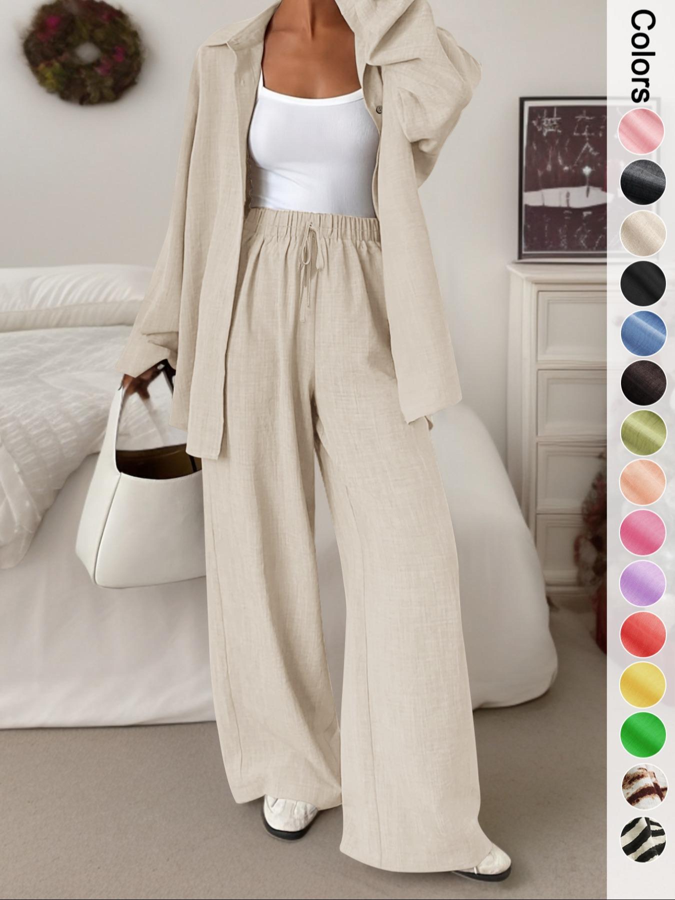 Women's Casual Sporty Shirt Long Pants Set, Loose Button-Up Top Wide Leg Pants Two-Piece Set, Comfortable and Stylish