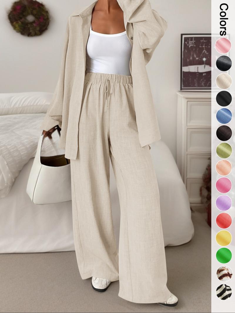 Women's Casual Sporty Shirt Long Pants Set, Loose Button-Up Top Wide Leg Pants Two-Piece Set, Comfortable and Stylish