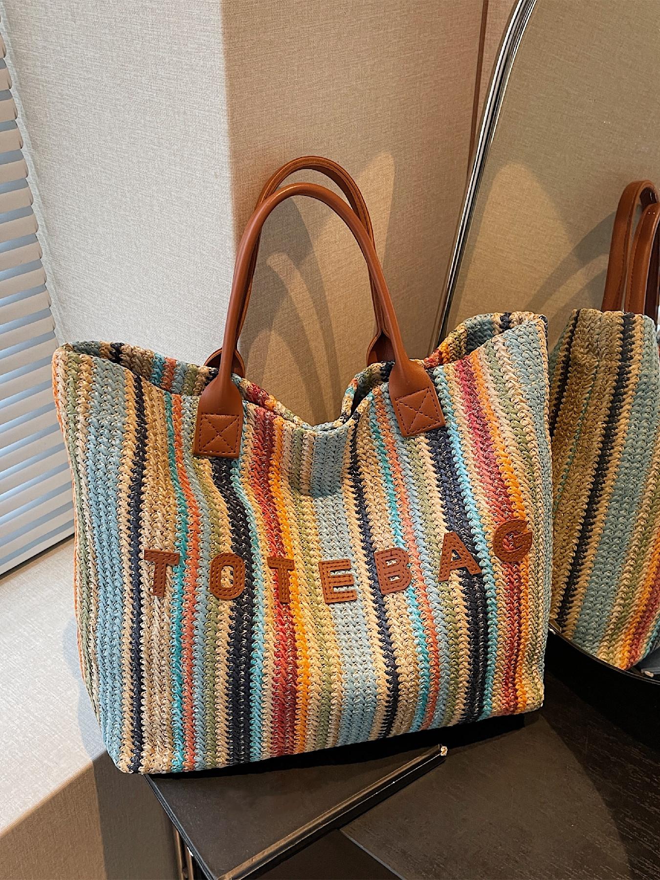 Simple Versatile Letter Decor Handwoven Straw Casual Tote Bag, Carry-Handle Design, Ideal for Daily Use, Beach Vacations, Outdoor Activities