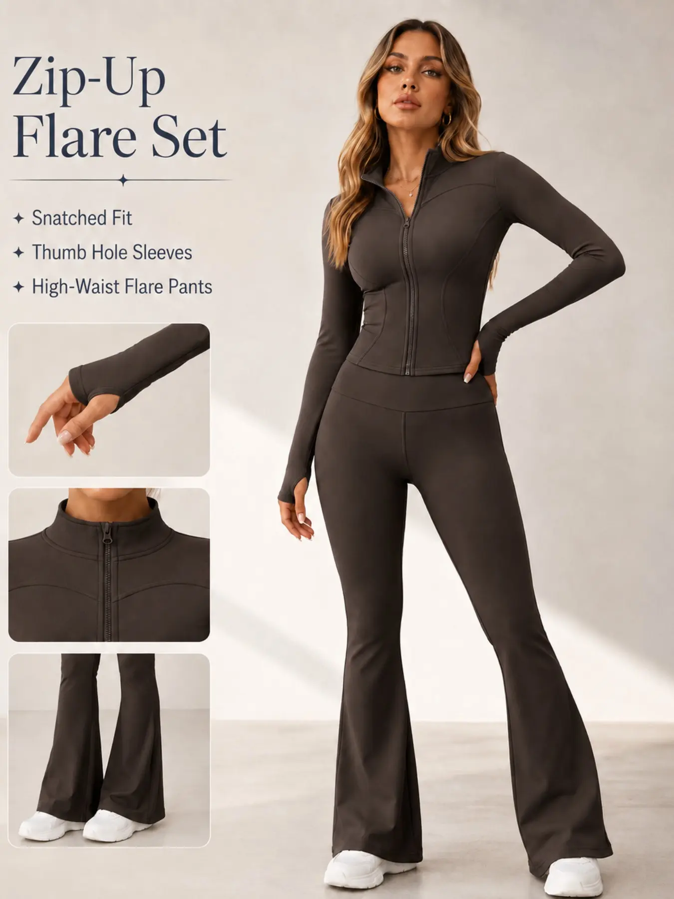 Women 2-Piece Sports Outfit, Stand Collar Zip-Up Jacket With Thumb Holes & Butt-Lifting Shaping Flare Pants, Slim Leg Trousers, Fashion Casual Pilates Fitness Set