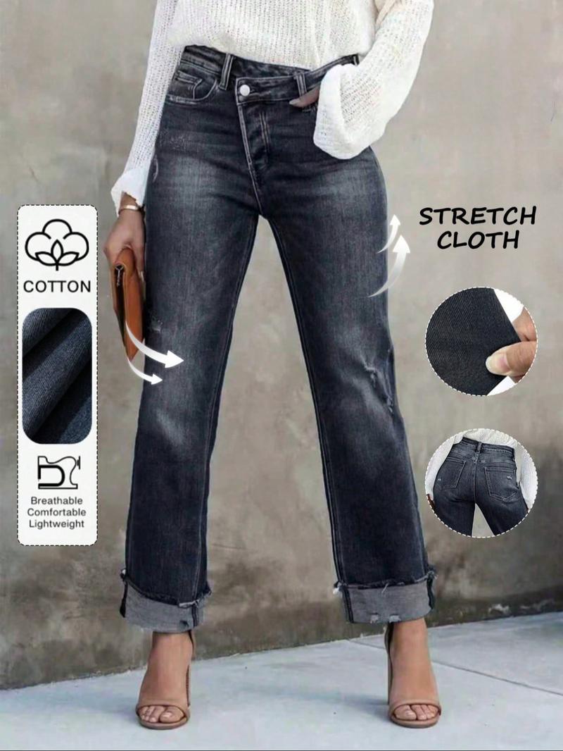 Women's Solid Color Jeans, Casual Comfy Denim Pants for Daily Wear, Ladies Bottoms for All Seasons