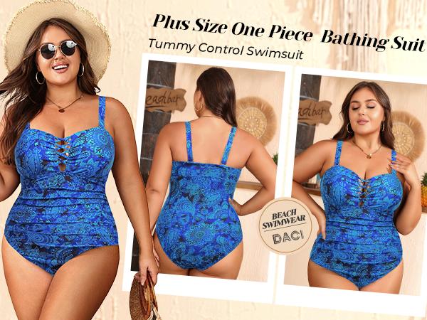 Daci Women Plus Size One Piece Swimsuit - Tummy Control Bathing Suits Ruched Lace up Swimwear Bandeau Retro Swimsuits