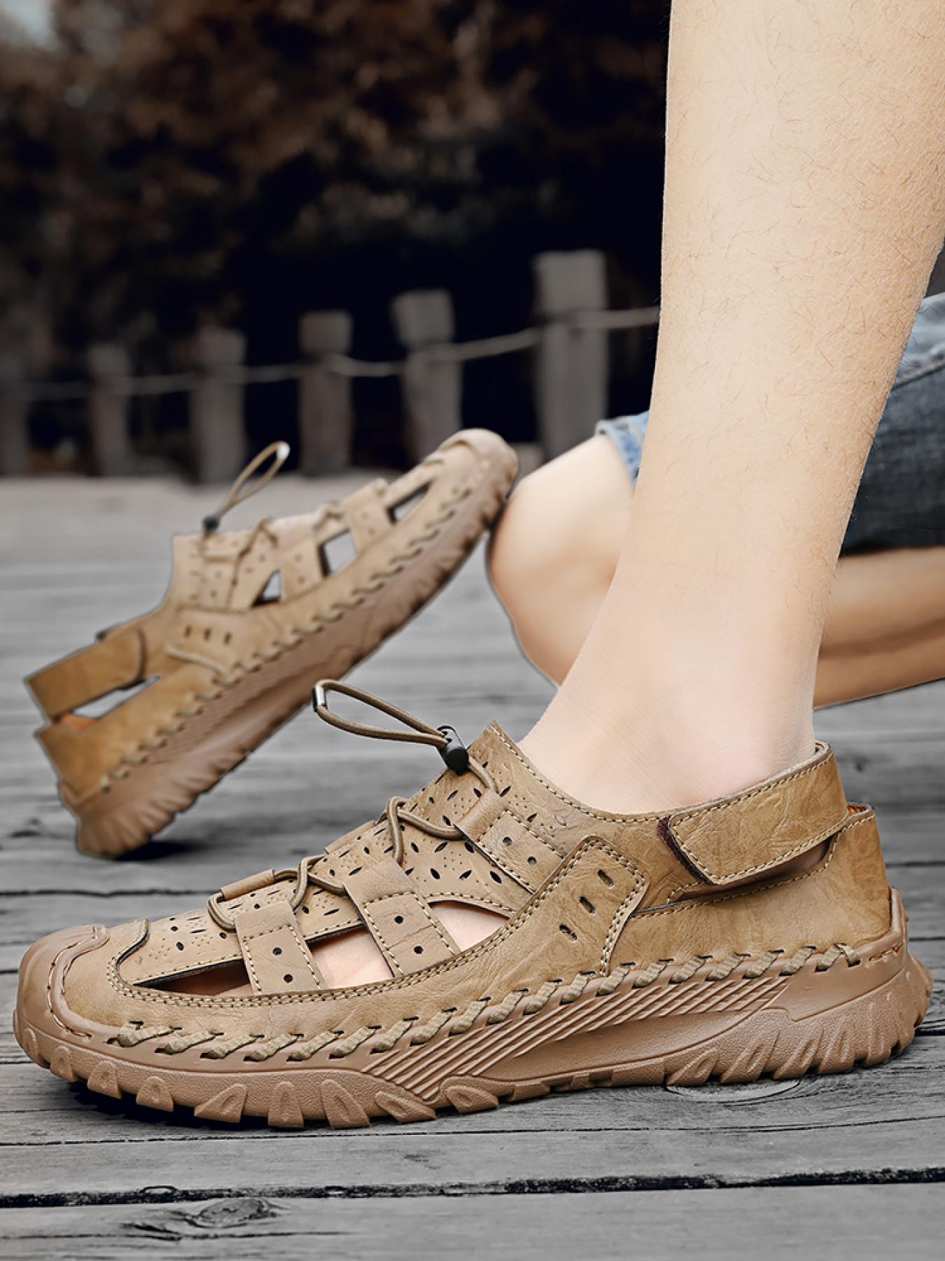 Men's Solid Color Hollowed-Out Closed-Toe Outdoor Sandals, Drawstring Velcro Non-Slip Beach Shoes, Hand-Stitched Thick-Soled Dad Shoes