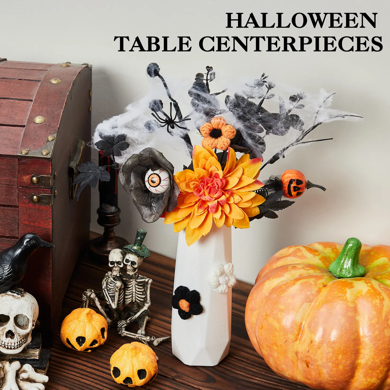 Set of 2 Black and Orange Halloween Decorations, Halloween Artificial Flowers Arrangement with Vase, Includes Orange Dahlia, Eyeball Flower, Pumpkin, and More for Table Decor