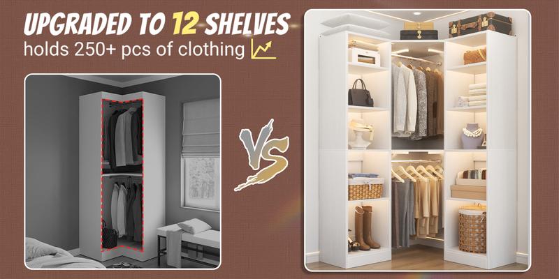 Corner Closet Organizer System, 12-Shelf Storage Unit with 2 Clothes Rods, 750 lb Capacity MDF Wood Cabinet, Space-Saving 90° Design for Bedroom/Laundry Room/Kitchen, Anti-Tip Safety Kits Included Corner Closet Organizer System, 12-Shelf Storage Unit with 2 Clothes Rods, 750 lb Capacity MDF Wood Cabinet, Space-Saving 90° Design for Bedroom/Laundry Room/Kitchen, Anti-Tip Safety Kits Included