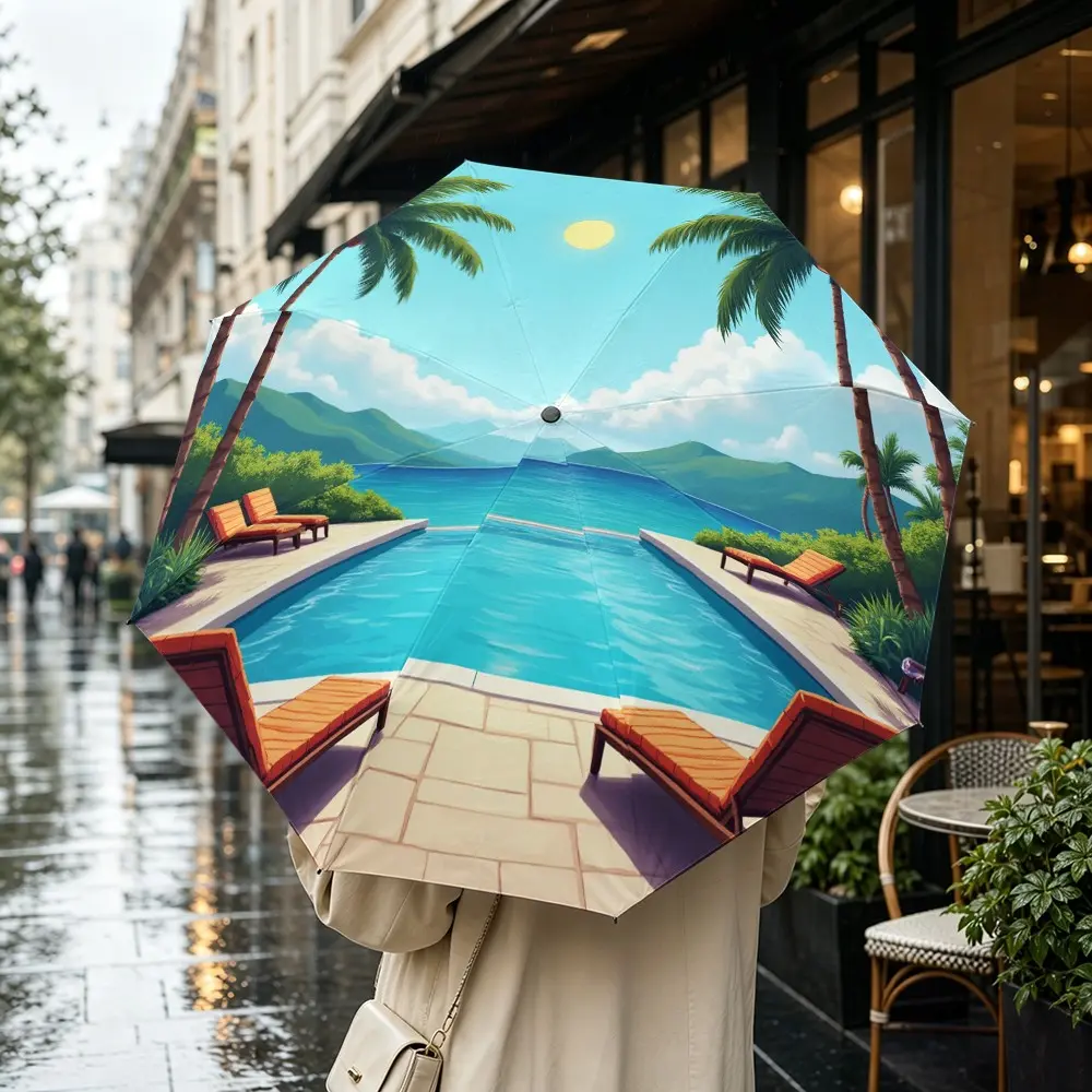 Summer Beach Pattern Automatic Folding Umbrella, 8-Rib Frame, Plastic Handle, Wind-Resistant, Portable, Ideal Gift, Lightweight Outdoor Accessory