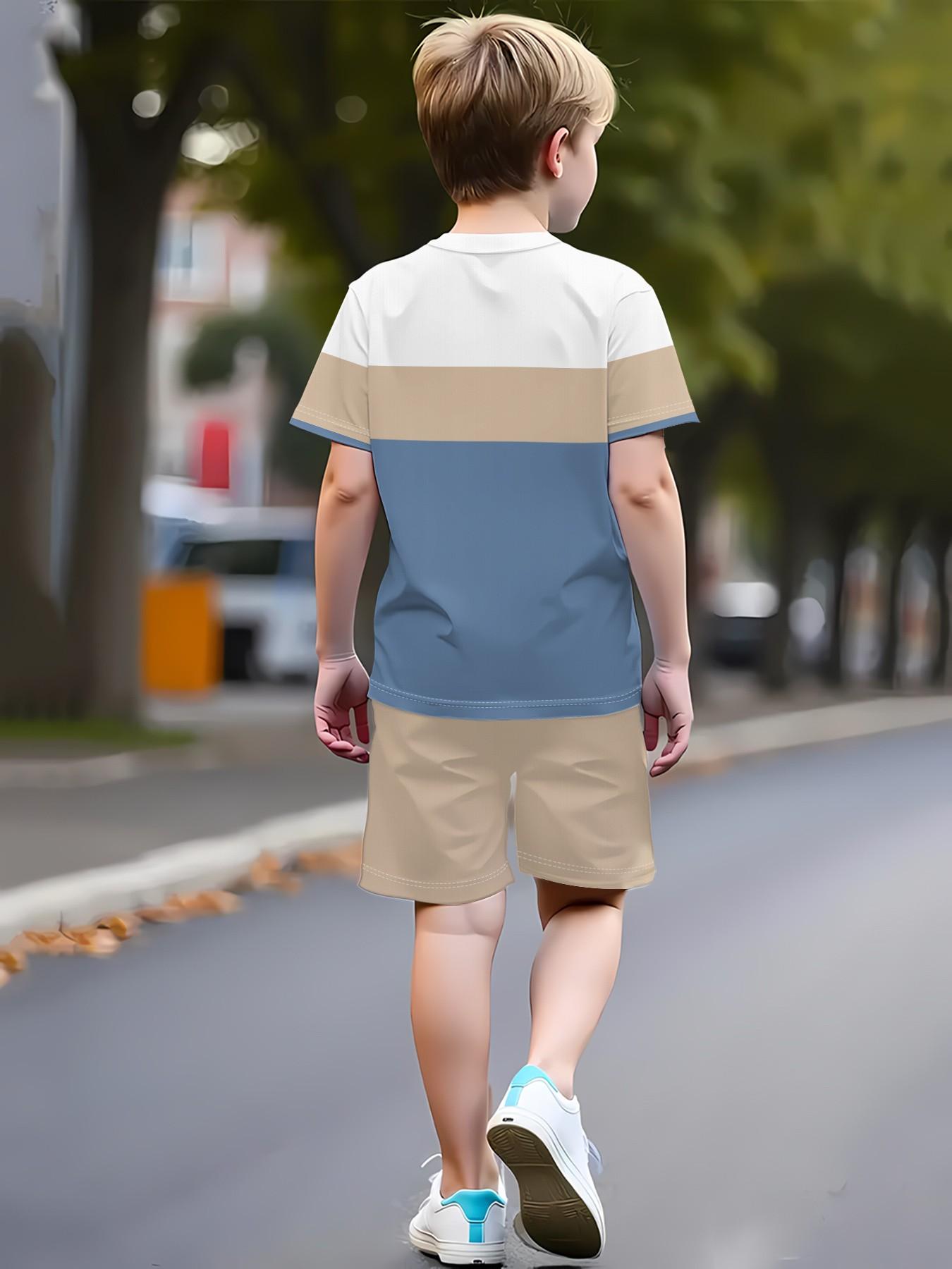 Summer Casual Set, Boy Short Sleeve T-Shirt with Shorts, Comfortable Breathable Sporty, Multi-Color Design, Essential for Daily Wear, Graphic Print Set