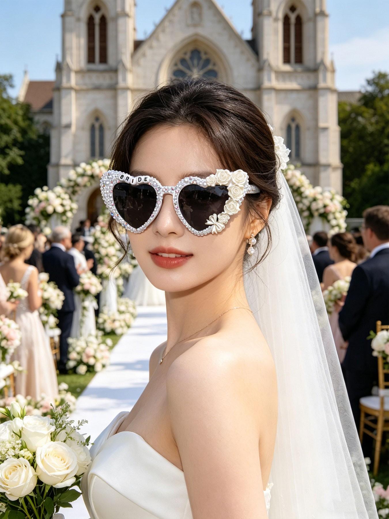 Elegant Bridal Sunglasses with Heart and Rose Design, Luxury Fashion Accessory for Wedding Photos, Ideal Gift for Bride