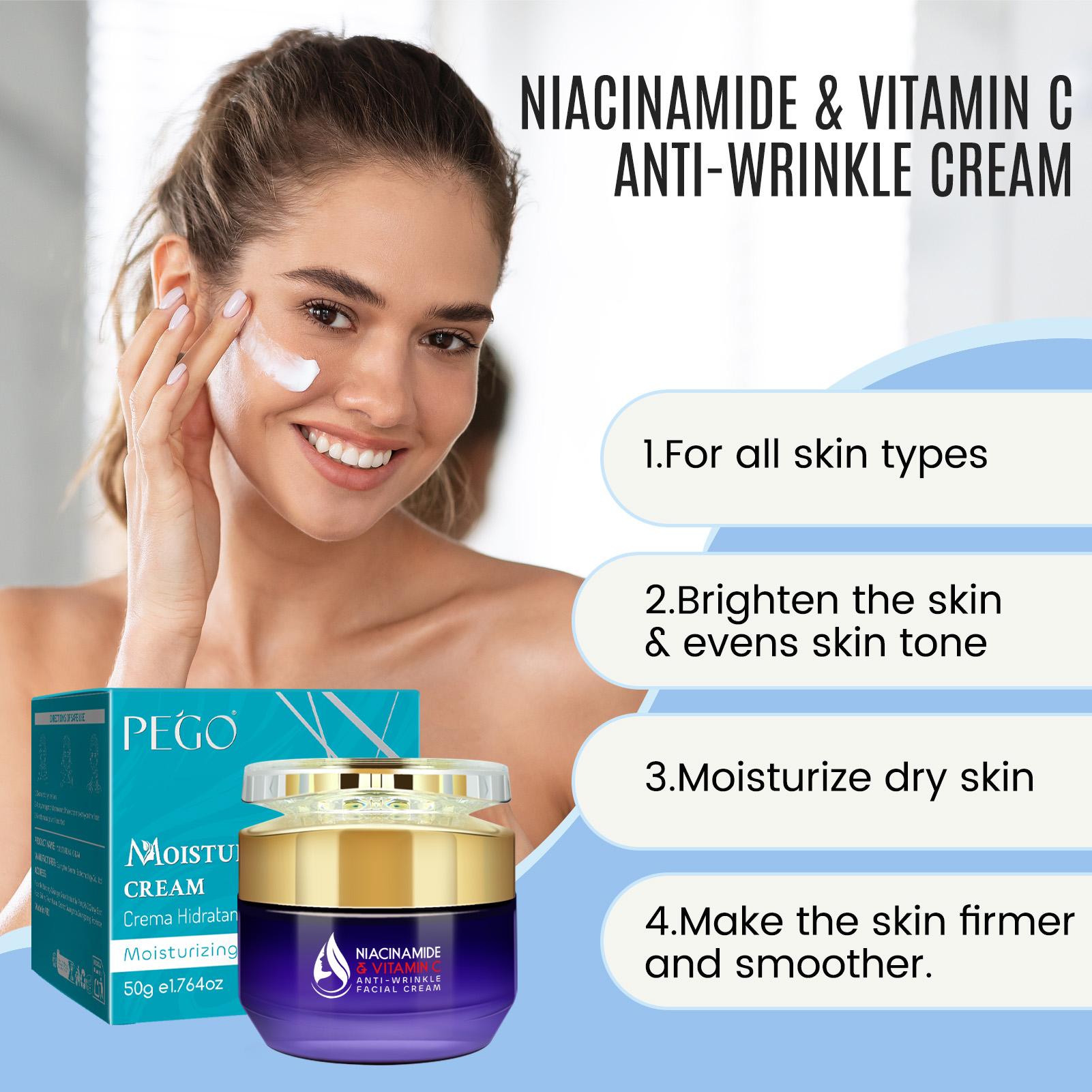 Vitamin C Niacinamide Wrinkle Cream, Gentle Skin Care, Fades Fine Lines, Brightens Skin Tone, Hyaluronic Acid, Long-Lasting Moisture, 50g