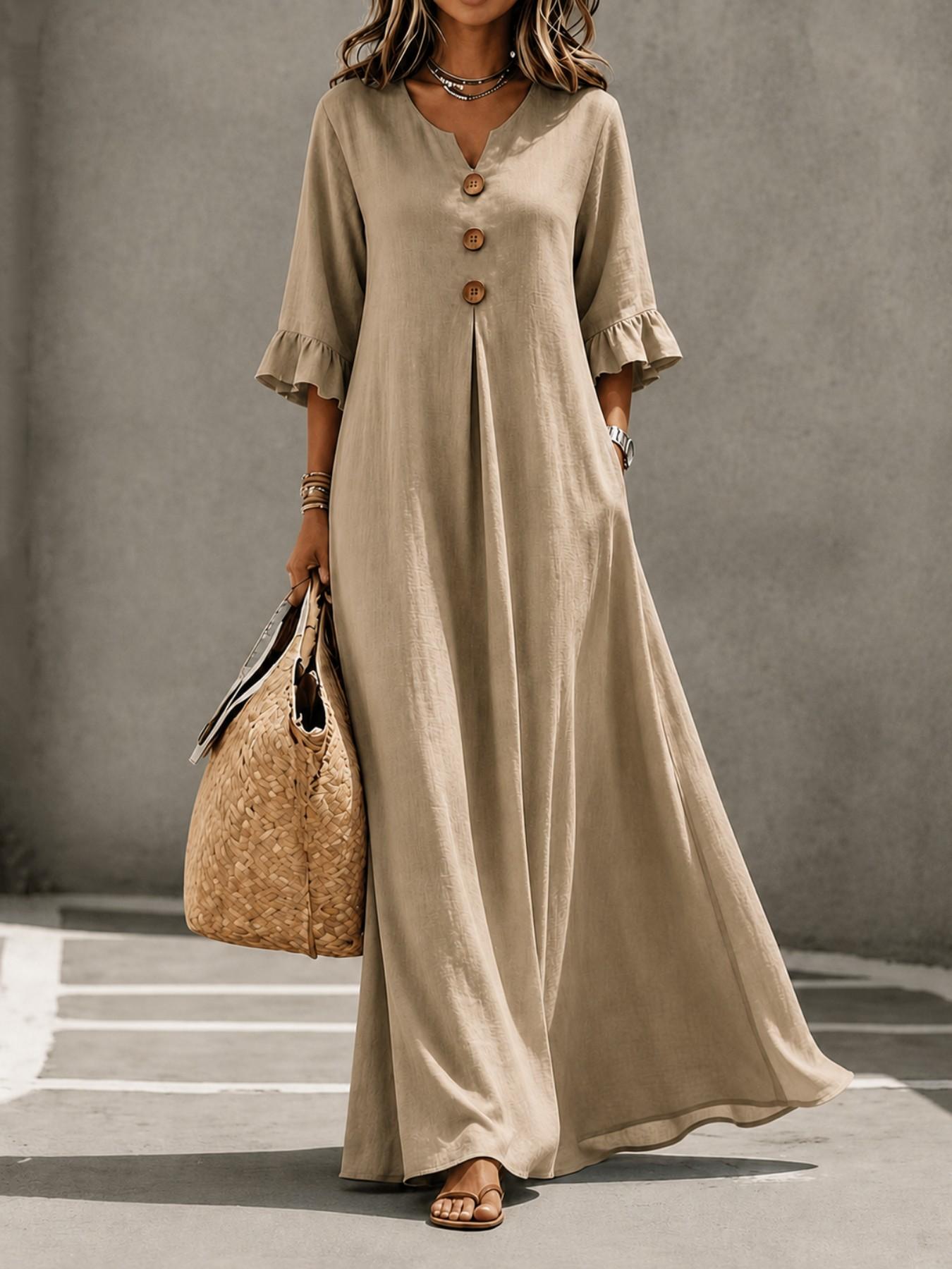 Women's Boho Aesthetic Style Solid V-Neck Dress with Wooden Buttons and Ruffle Sleeves, Loose-Fit A-Line Skirt, Fall & Winter Casual Wear