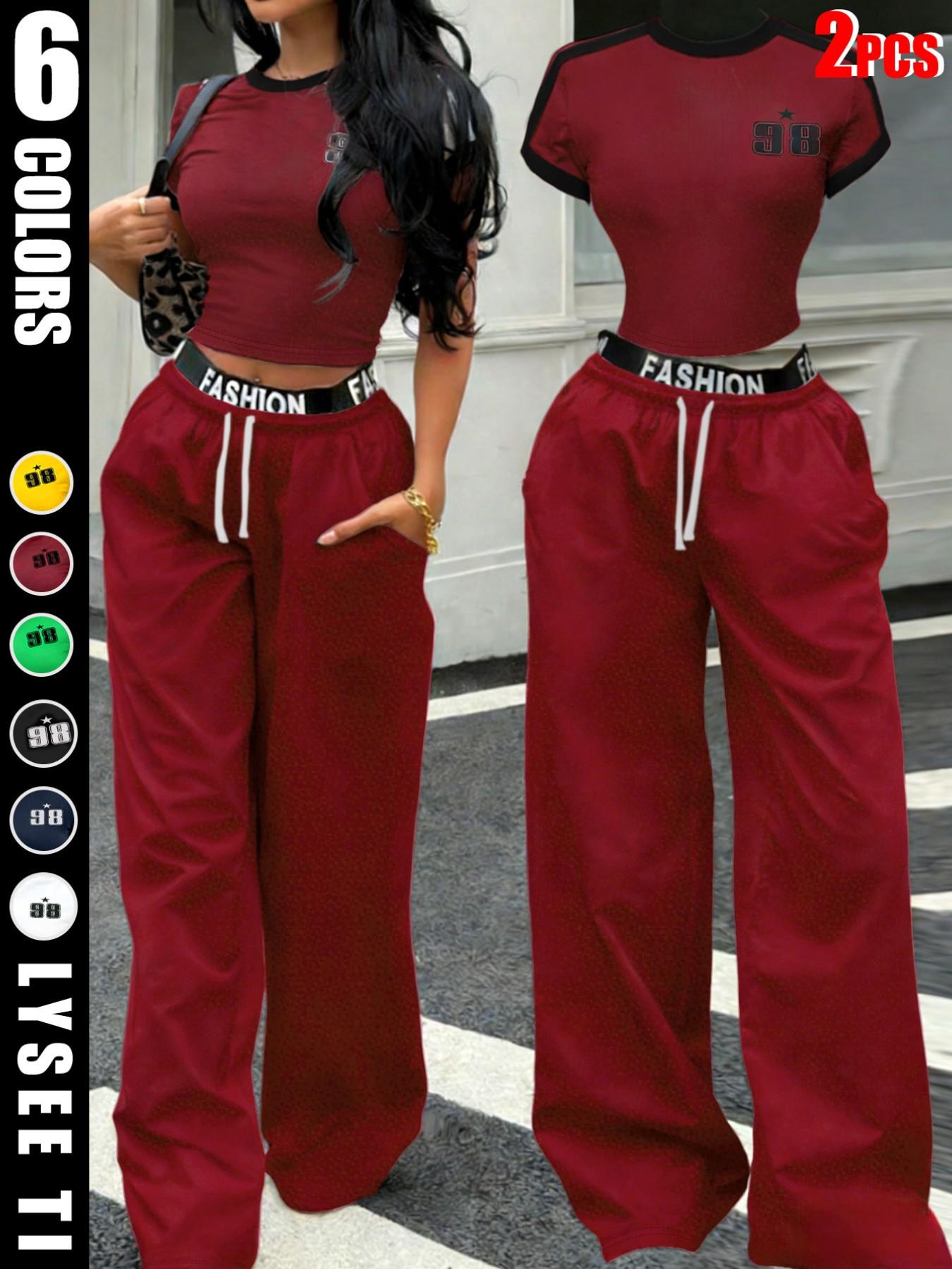 Hot-girl Style Contrast Binding Short Top and Letter Tape Wide Leg Pants, Women's Black & White Two-piece Set Hot-girl Style Contrast Binding Short Top and Letter Tape Wide Leg Pants, Women's Black & White Two-piece Set