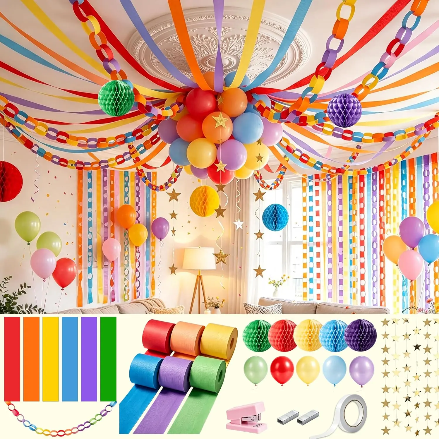 Rainbow Paper Chain Garland Strips with 492ft Crepe Paper Streamers
