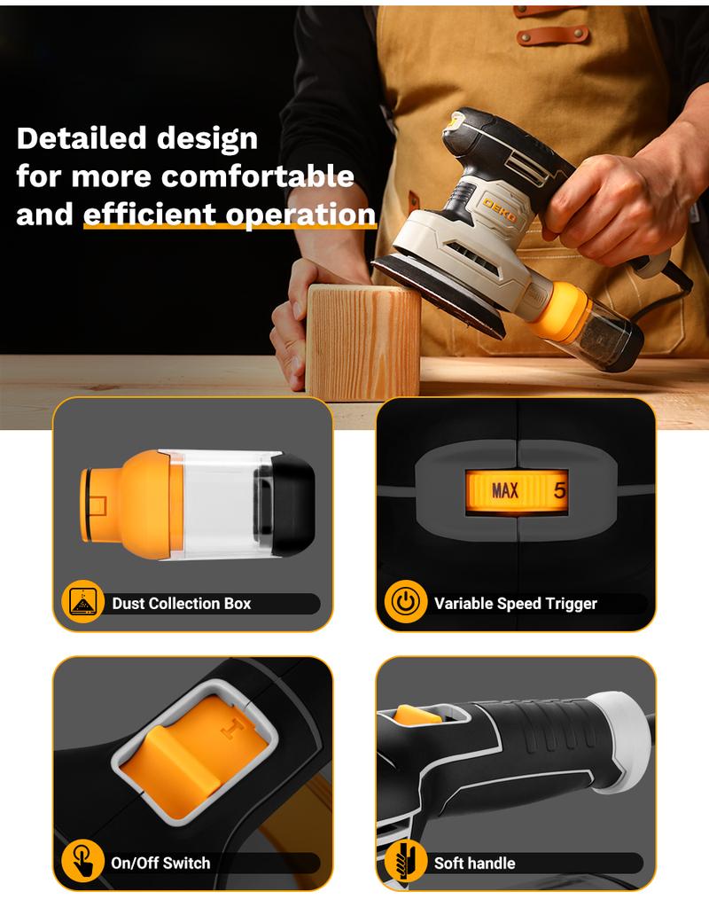 DEKO 300W 3-in-1 Orbital Sander, 6 Adjustable Speeds (7000-13000 RPM), with Dust Collection Box, 3 Hook and Loop Pads, and 15 Sandpapers, Quick Sandpaper Replacement, Electric Sanding Tool for Woodworking, Home Improvement, and DIY Projects.