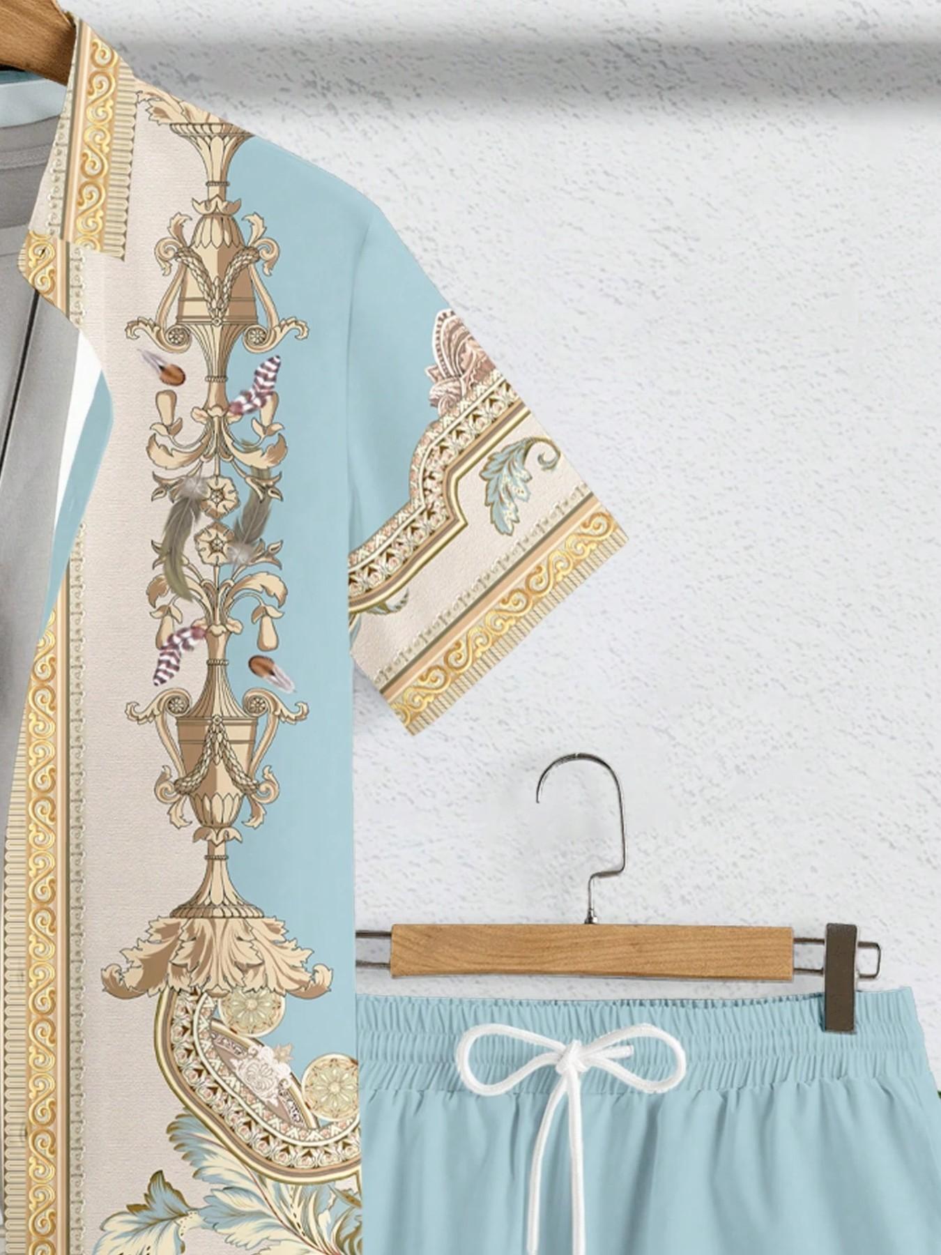 Men's Light Blue Baroque Scroll Two-Piece Set, Vintage Floral Vase Print Collar Shirt + Drawstring Shorts, Casual Loose-Fit All-Season