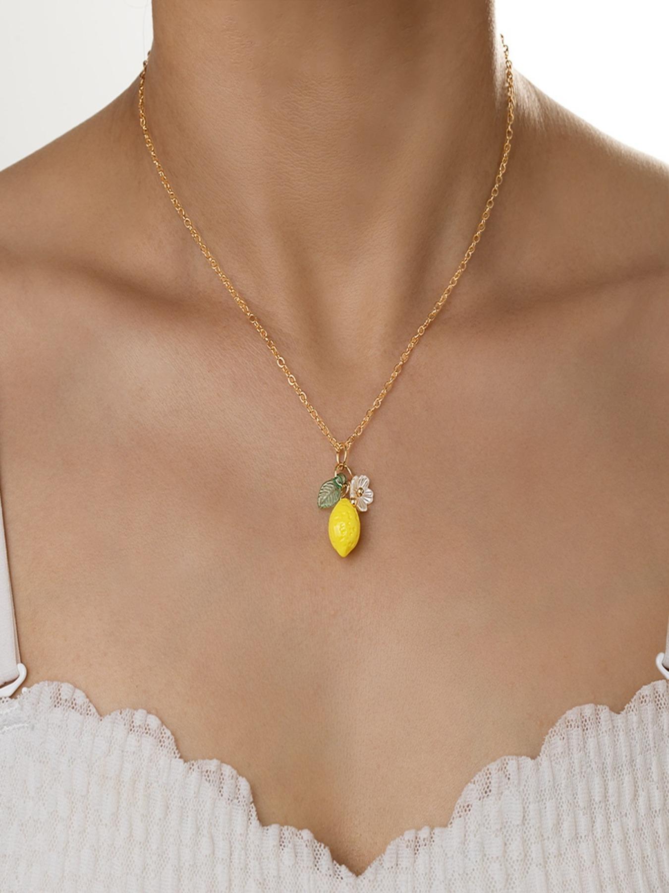 Fresh Sweet Fruit Lemon Flower Leaf Pendant Necklace, Adjustable Metal Chain, Cute Design, Perfect Gift for Birthday, Mother's Day, Friends