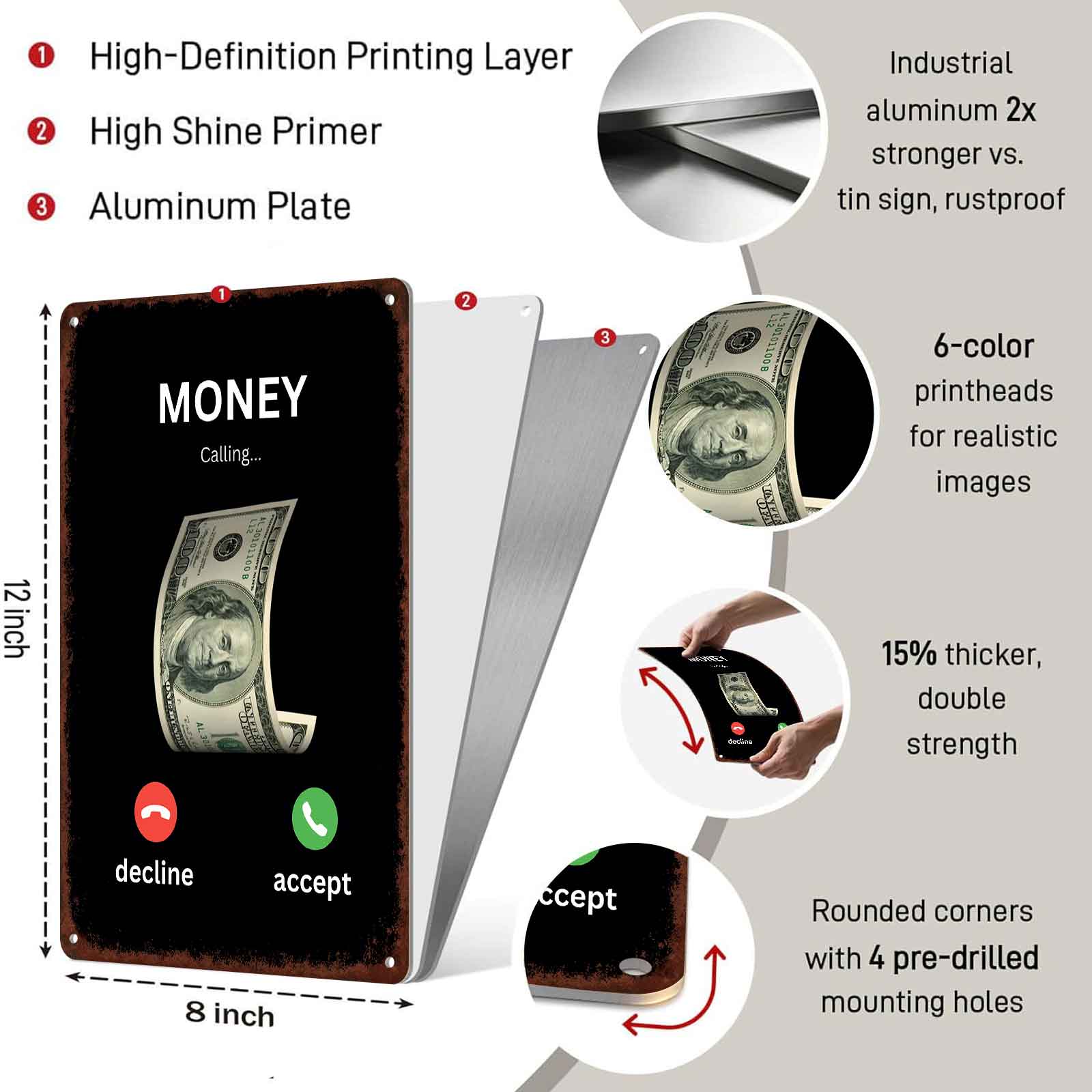 Laser-Etched Full Metal Decorative Wall Plaque - 8x12 in Aluminium Elevated Custom Engraved Motivational Home Sign, Funny Money Calling Vintage Hustle Quote Decor for Office, Home Decor Products, Room Accessories, Custom Engraved Home Signs