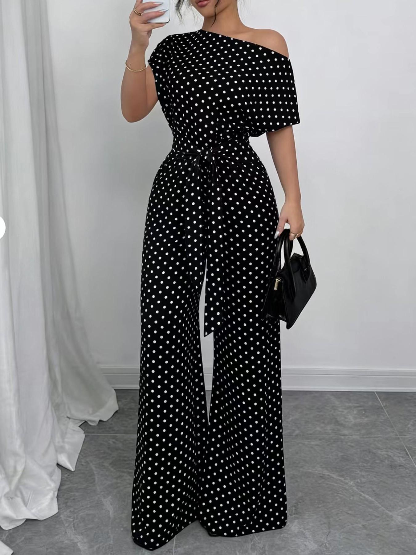 Women's Polka Dot Jumpsuit, Asymmetric One Shoulder, Short Sleeves, Waist Tie Belt, Wide Leg Full Length, Smooth Drapey Woven Fabric, Office Commute, Date Night & Party Wear, Breathable Non-Wrinkle Fabric, Elegant Retro Polka Dot Style