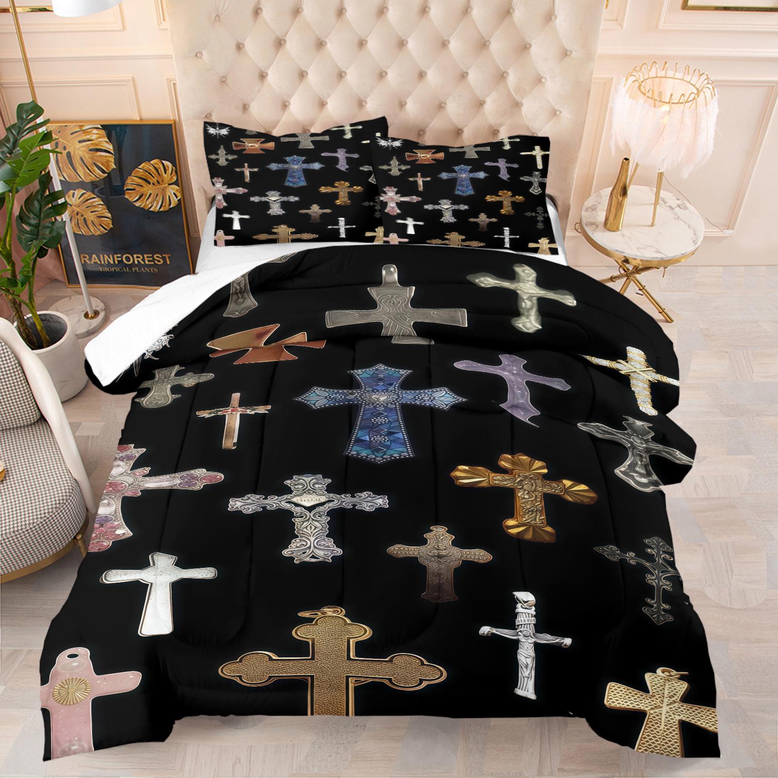 Gothic Cross Pattern Comforter Set, Soft And Durable Bedding Set, Including 1 Comforter And 1 Or 2 Pillowcases, Suitable For Daily Holiday Birthday Gifts And Bedroom Decorations For Children And Adults