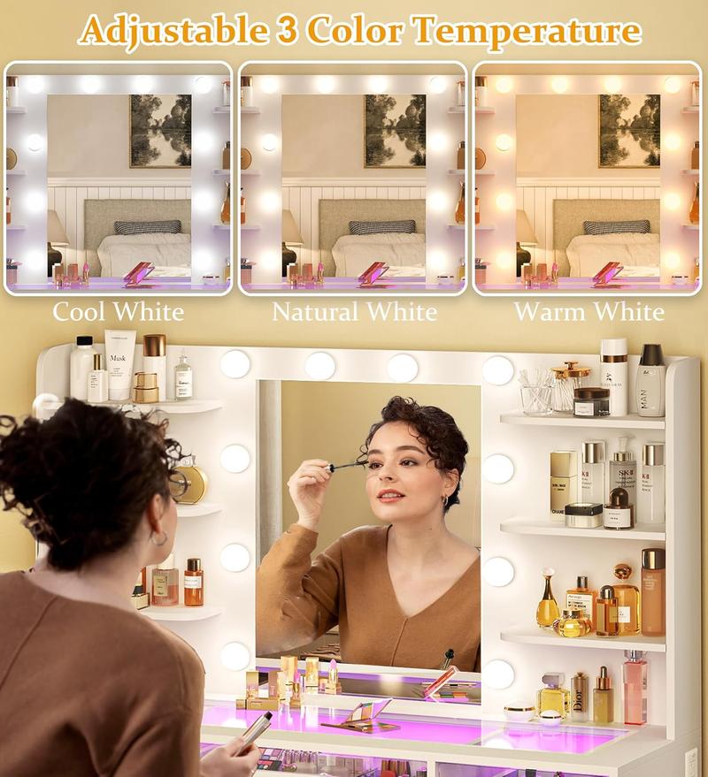 Vanity Desk, Makeup Vanity Desk with Mirror and Lights 3 Colors, Transparent Top with 3 RGB Drawers, 6 Shelves, 2 Large Tempered Cabinets, Power Outlet, for Bedroom, White