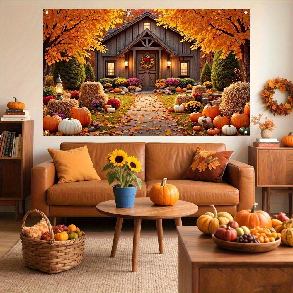 2D Flat, 1pc Welcome Autumn Banner- Cozy Farmhouse Design with Wooden Details& Flower Accents, Perfect for Thanksgiving& Harvest Celebrations, 59x94.4 Inches, Polyester Material, Fall Decorations