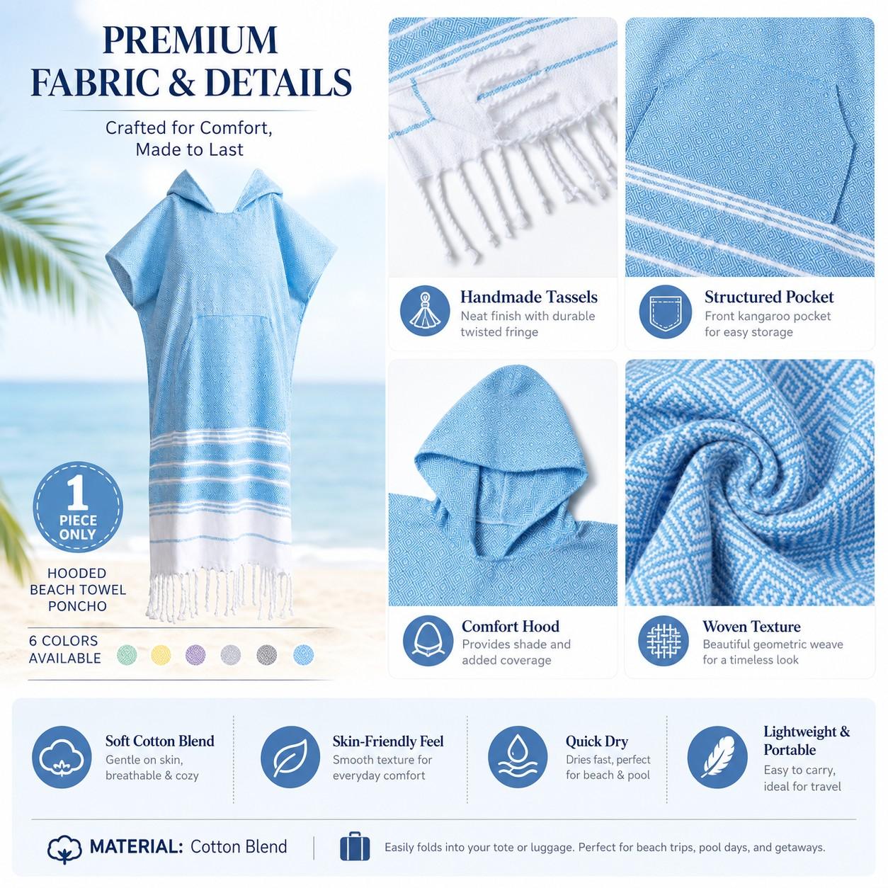 Wearable Beach Towel with Hood, Soft Absorbent Quick-Dry Decorative Towel, Pocket Fringe Design, Ideal for Beach, Pool, Surfing, Travel, Quick Drying Towels