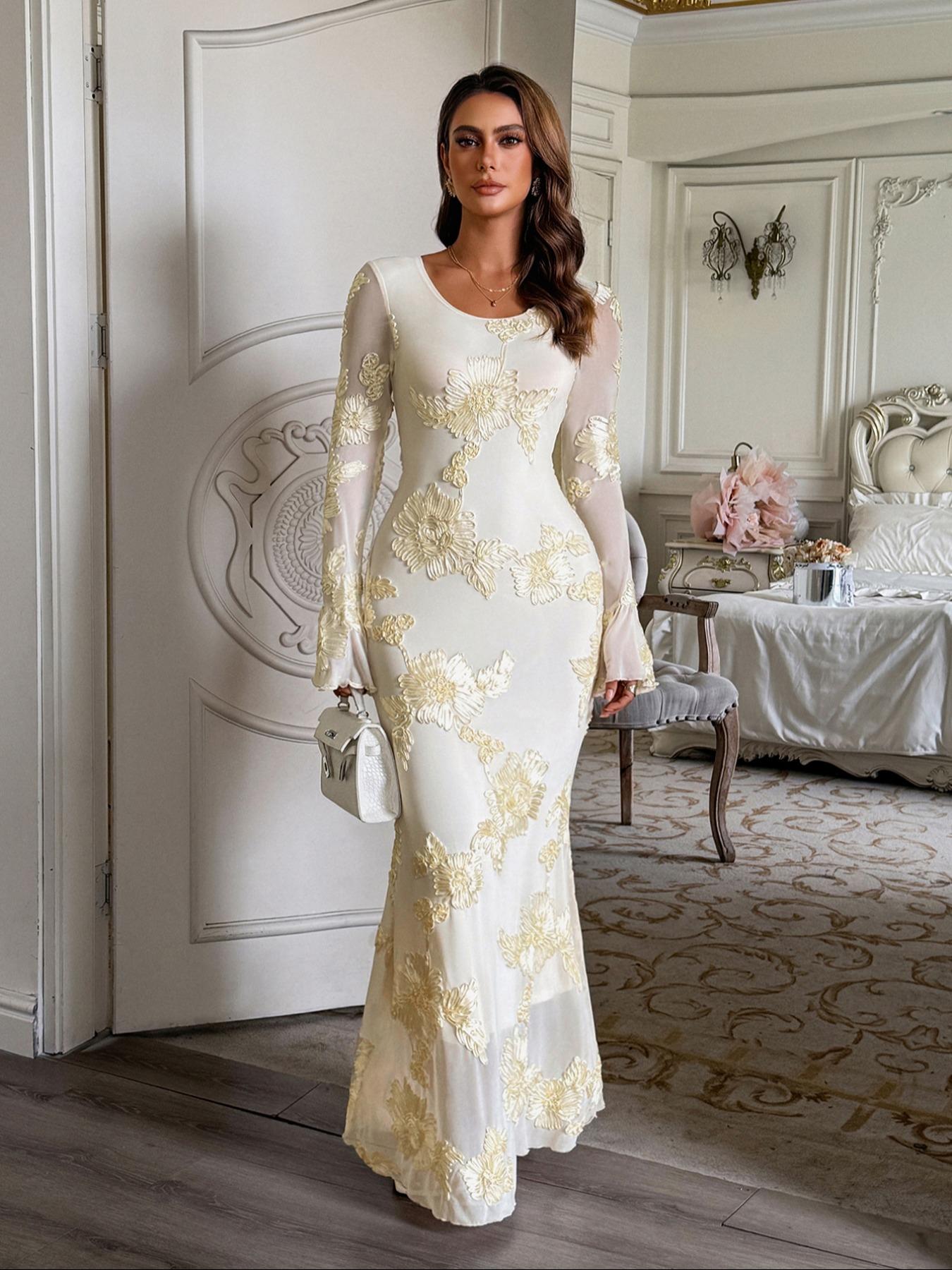 Elegant Floral Pattern Long Sleeve Slim Fit Bodycon Dress, Elegant Romantic Dress, Casual Fall Fashion, Women's Long Sleeve Dress, Stylish and Comfortable