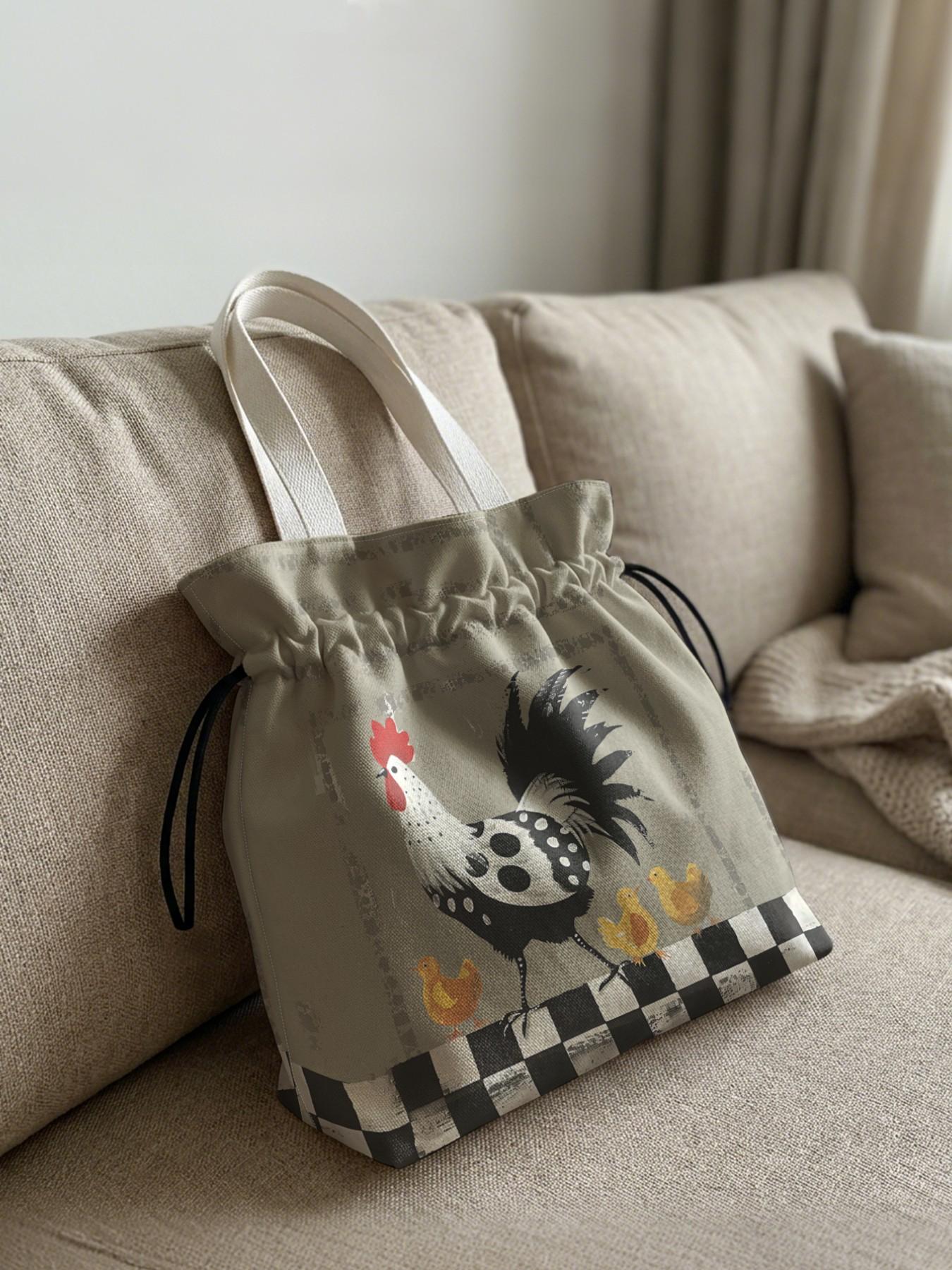 Rooster Pattern 2D Printed Drawstring Stylish Tote Bag, Large Capacity Shopping Bag, Durable and Wear-Resistant, Ideal for Work, Shopping, Picnic