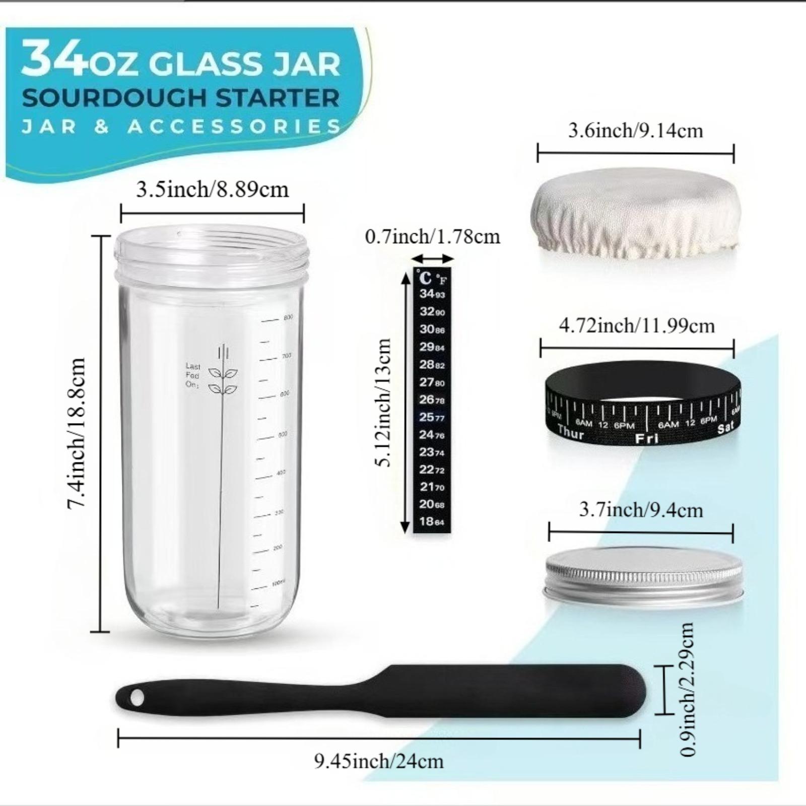 Bread fermentation jar, labeled feeding belt, thermometer, scraper, cloth cover and silicone cover/base, glass container, baking supplies