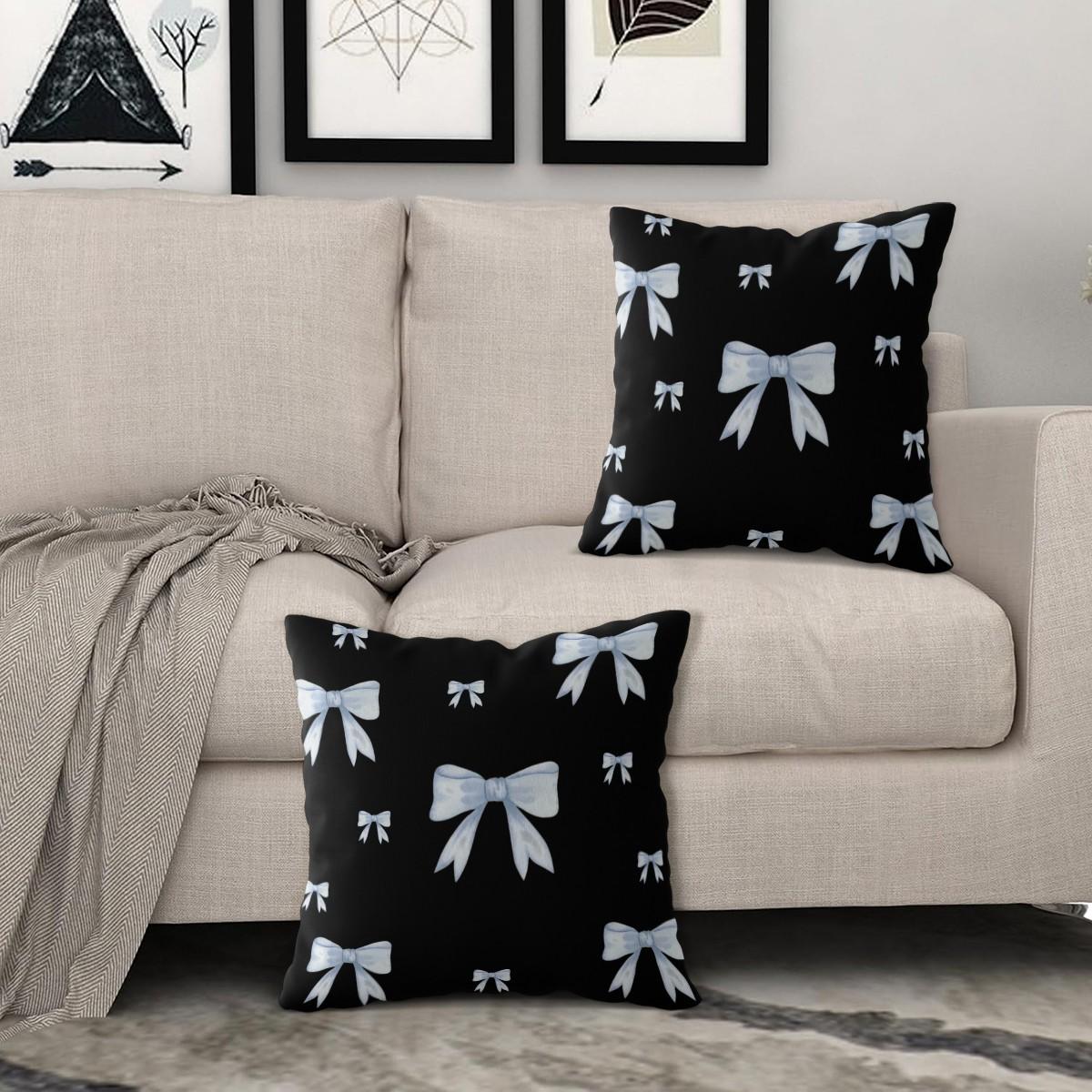 Soft short plush throw pillow with black background and blue bowknot print pattern, featuring a variety of patterns, soft and skin-friendly, a comfortable good for home or travel, embodying a lazy home style