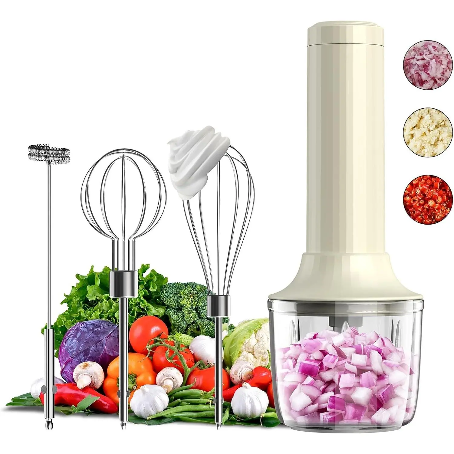 Cordless Hand Mixer MixgoII, Handheld Mixer Electric Whisk & Milk Frother, Hand Held Mini Mixers, Rechargeable Hand Mixer and Whisker, Food Processor for Cooking, Food Chopper, 4-Speed, 10Oz