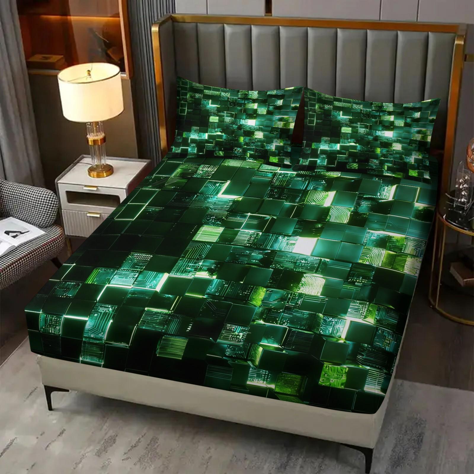 Sci-Fi Neon Cube Lava Fitted Sheet Set & 2 Pillowcases No Core, 3D Metal Texture Block & Red, Pink Neon Glow Design, Soft Anti-Slip Wrinkle-Resistant, Cyberpunk Bedroom E-Sport Room Decor, Gift for Boys, Teens