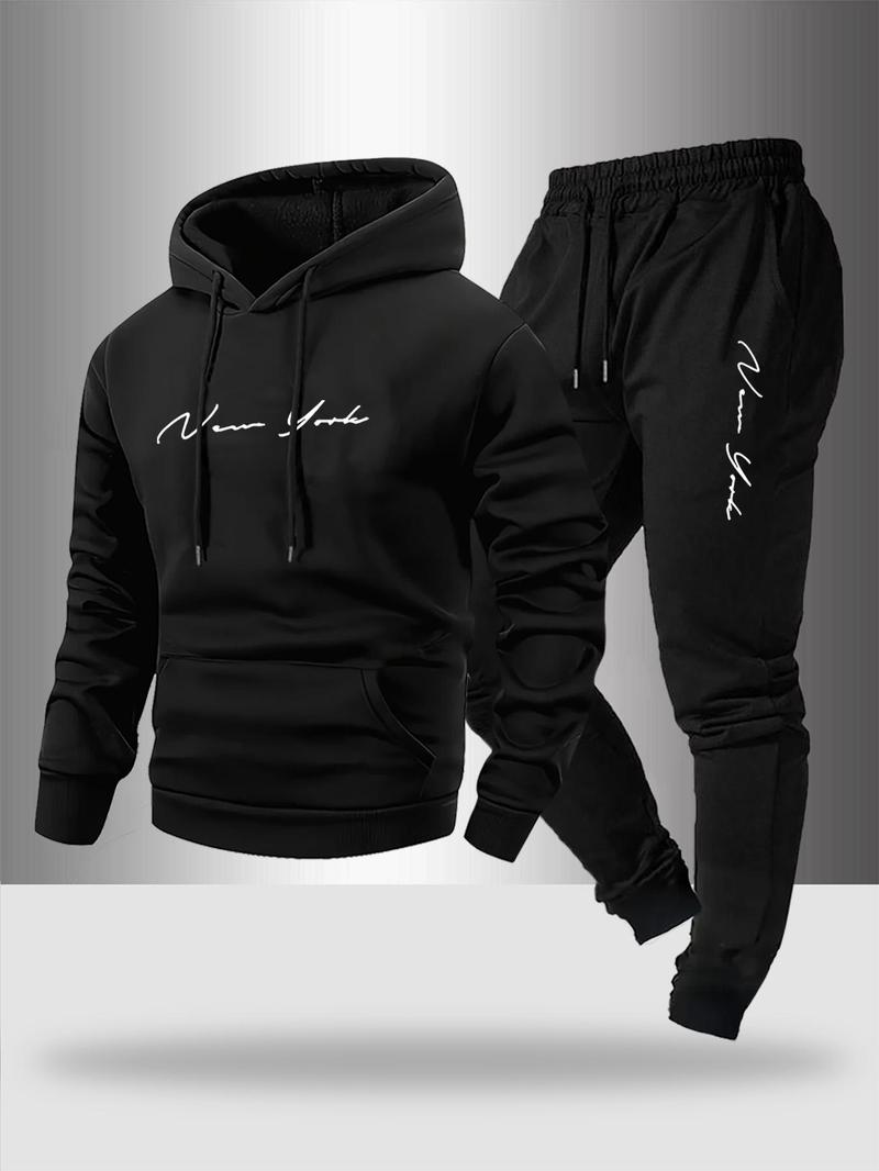 Men's Fall Winter Casual Sportswear Set, Sweatsuit with Pockets, Fashion Artistic Letter Print Hoodie & Drawstring Pants, Comfortable Warm Two-Piece