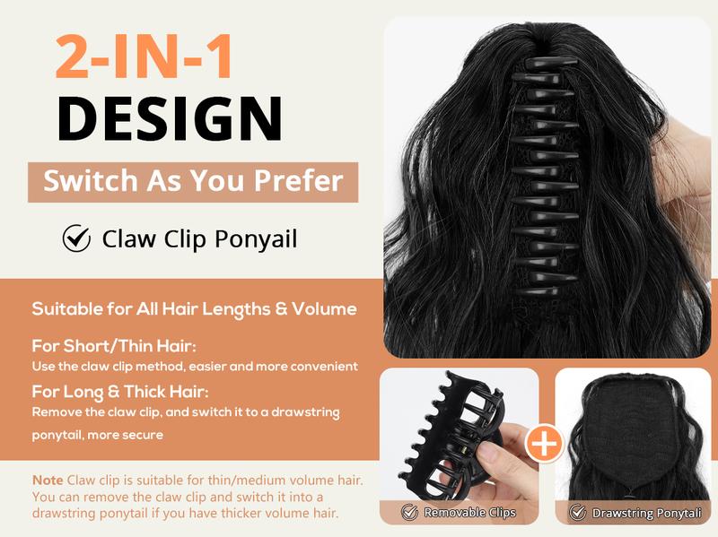 Iridescent Claw Ponytail Extension Black Brown 18" Curly Pony Tail Clip in Hair Extensions for Women Fluffy Natural Looking Synthetic Hairpiece for Daily Use