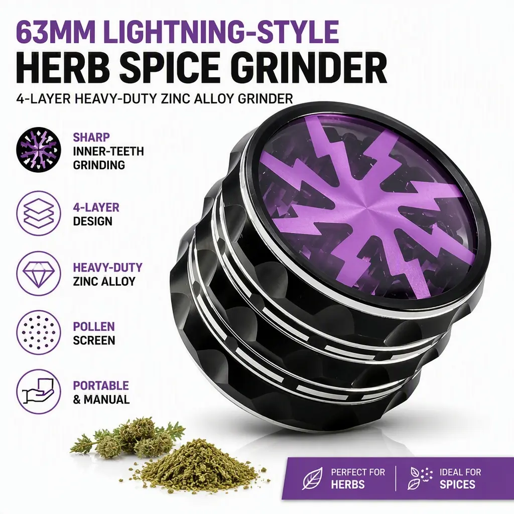63mm Lightning Herb Grinder, 4‑Layer Zinc Alloy Spice Grinder, Sharp Inner‑Teeth, Striped Transparent Top Cover, Portable Manual Grinding Accessory