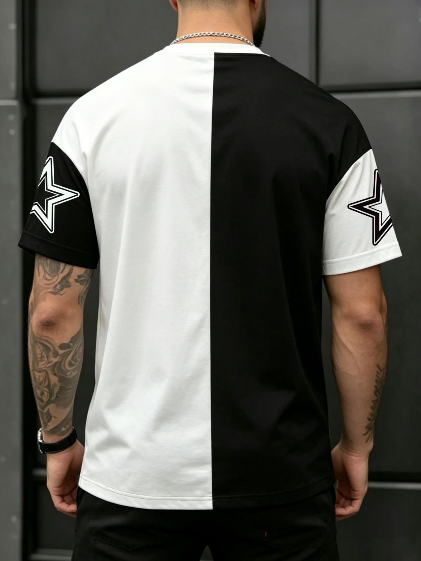 Number 32 Print Colorblock Home Wear T-Shirt, Contrast Tee, Comfortable Breathable, Casual Street Style, Men's & Women's