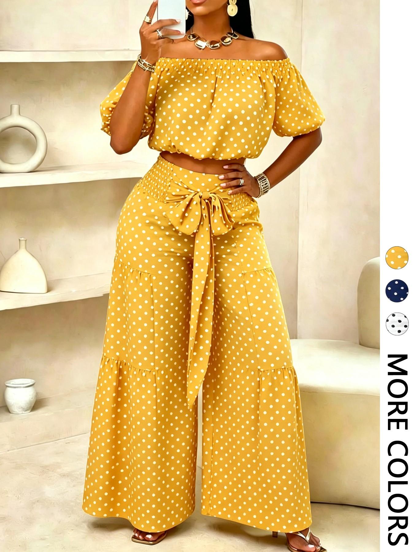 Summer Beach Vacation Bow Shoulderless Round Neck Shirt Wide Leg Pants Set, Casual Loose-Fitting, Women's Fashion, Womenswear Summer Beach Vacation Bow Shoulderless Round Neck Shirt Wide Leg Pants Set, Casual Loose-Fitting, Women's Fashion, Womenswear