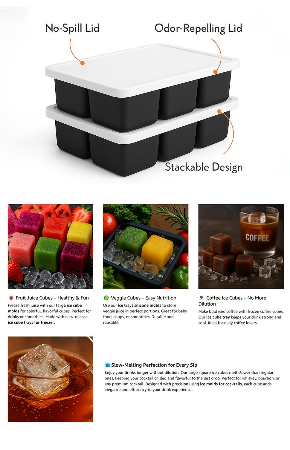 2PCS Pack Large Silicone Ice Cube Tray 2 Inch Square with Removable Lid 16 Large Whiskey Ice Cubes Easy Release Stackable Design for Cocktails Drinks