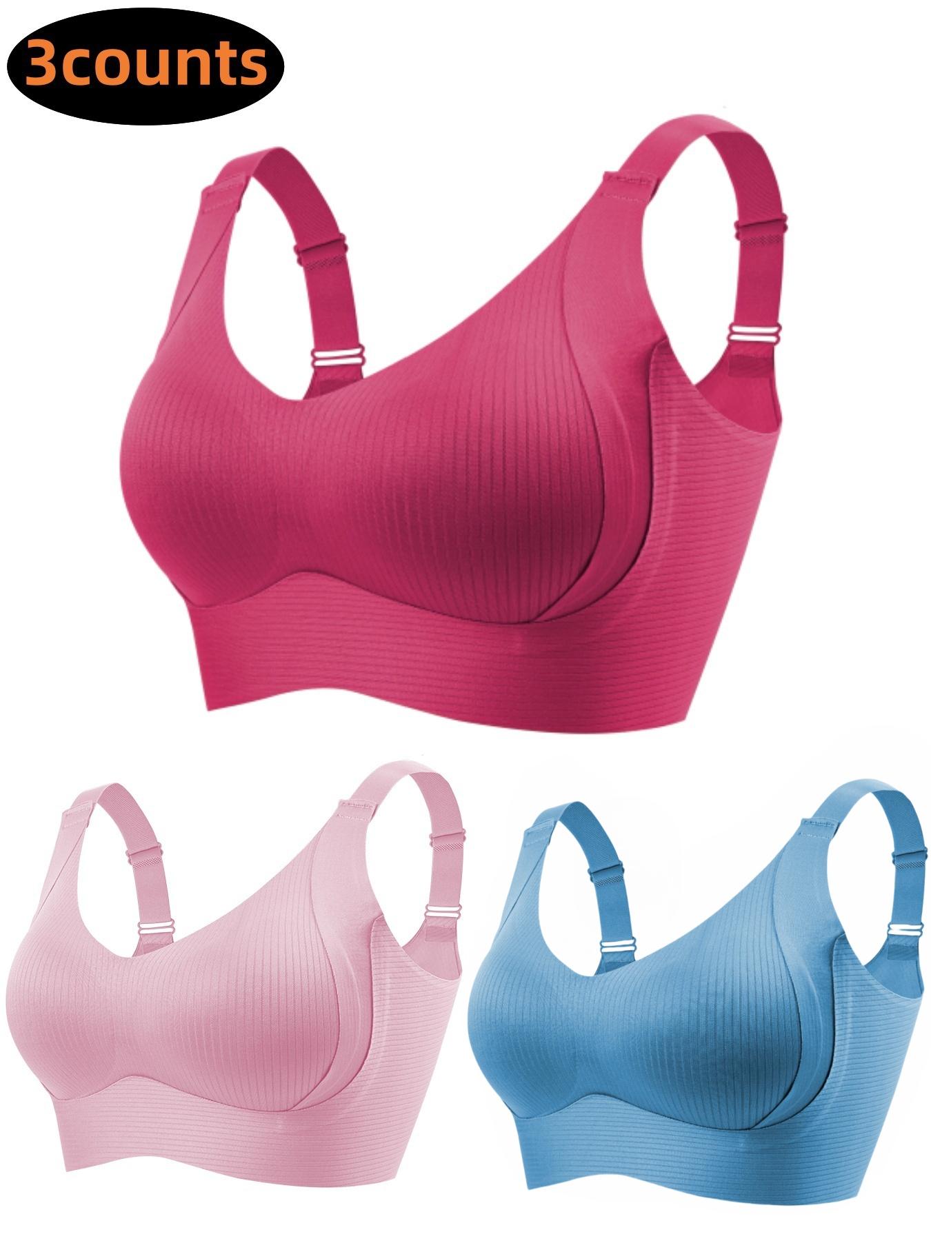 Women's Solid Four-Row Hook Adjustable Supportive Wireless Bra, Soft Comfortable Breathable Ribbed Push-Up Seamless Bra, Women's Lingerie for All Seasons