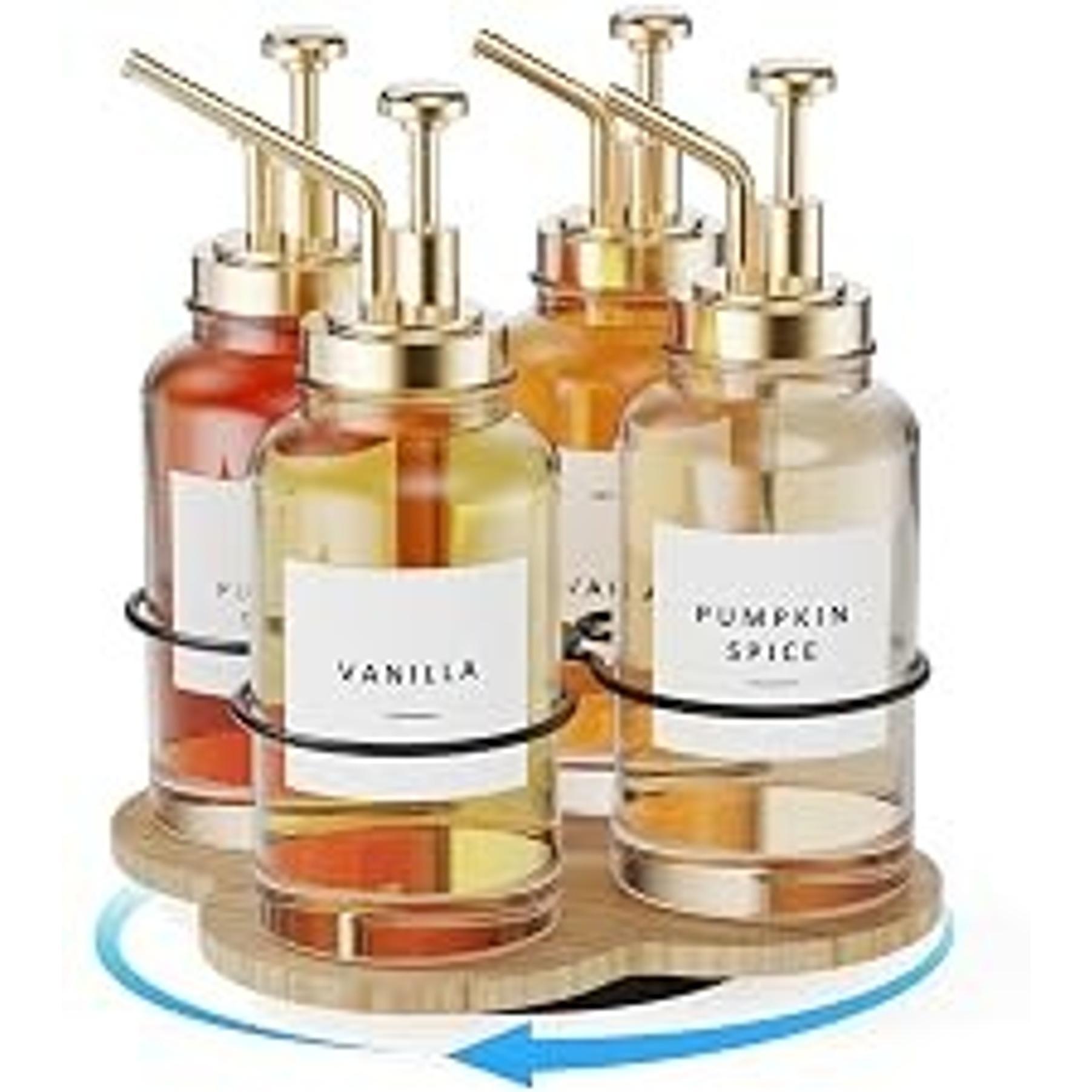 Rotating Coffee Syrup Organizer for Countertop, 9-Bottle Wooden Syrup Rack & Bottle Holder for Coffee Bar Station, Turntable Display Stand, Black