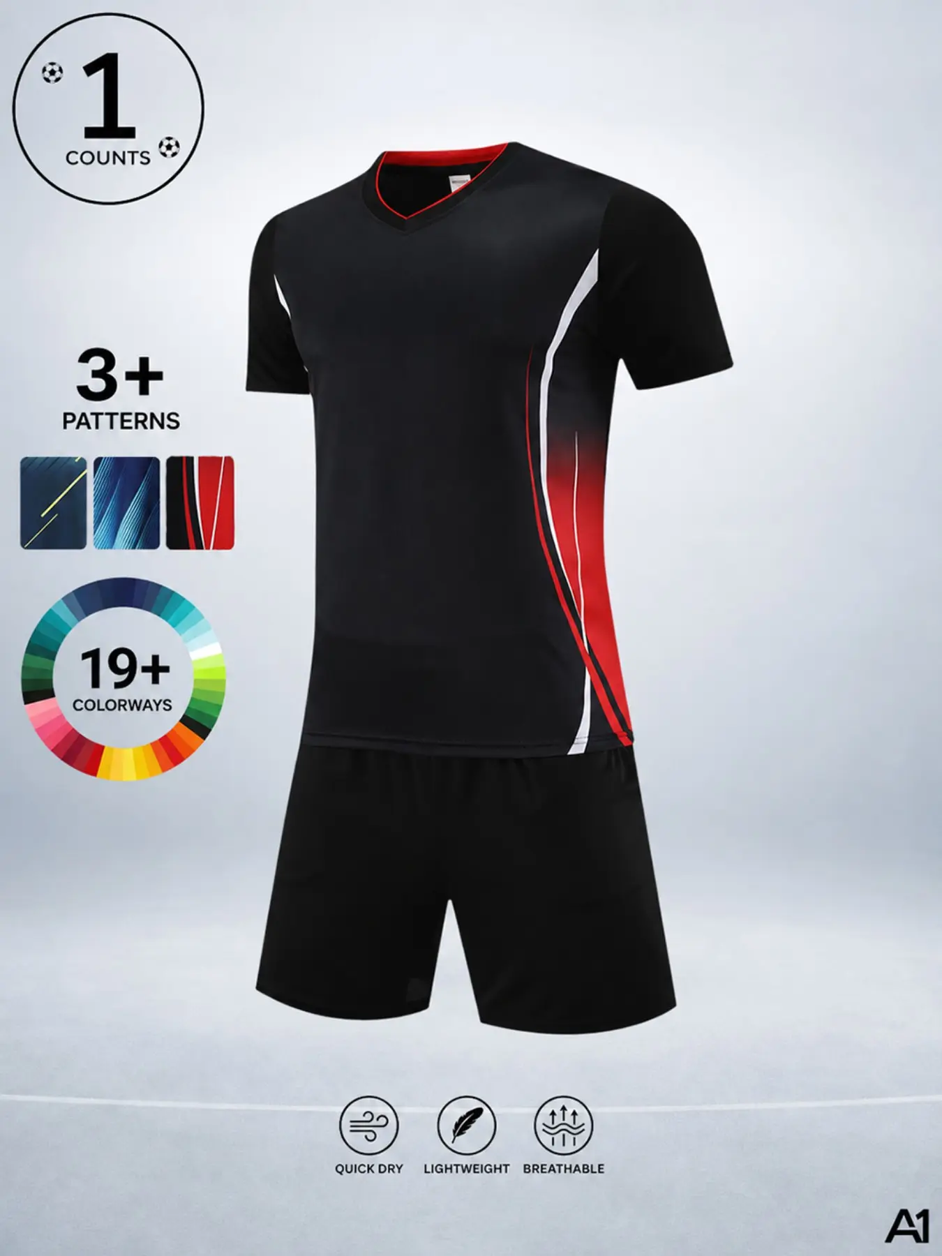 A1 Men's 2 Piece Soccer Jersey and Shorts Set, Lightweight Quick Dry Breathable V Neck Football Training Kit, Blank Short Sleeve Athletic Uniform for Practice, Match, Running, Gym and Casual Sportswear, Football Team Outfit