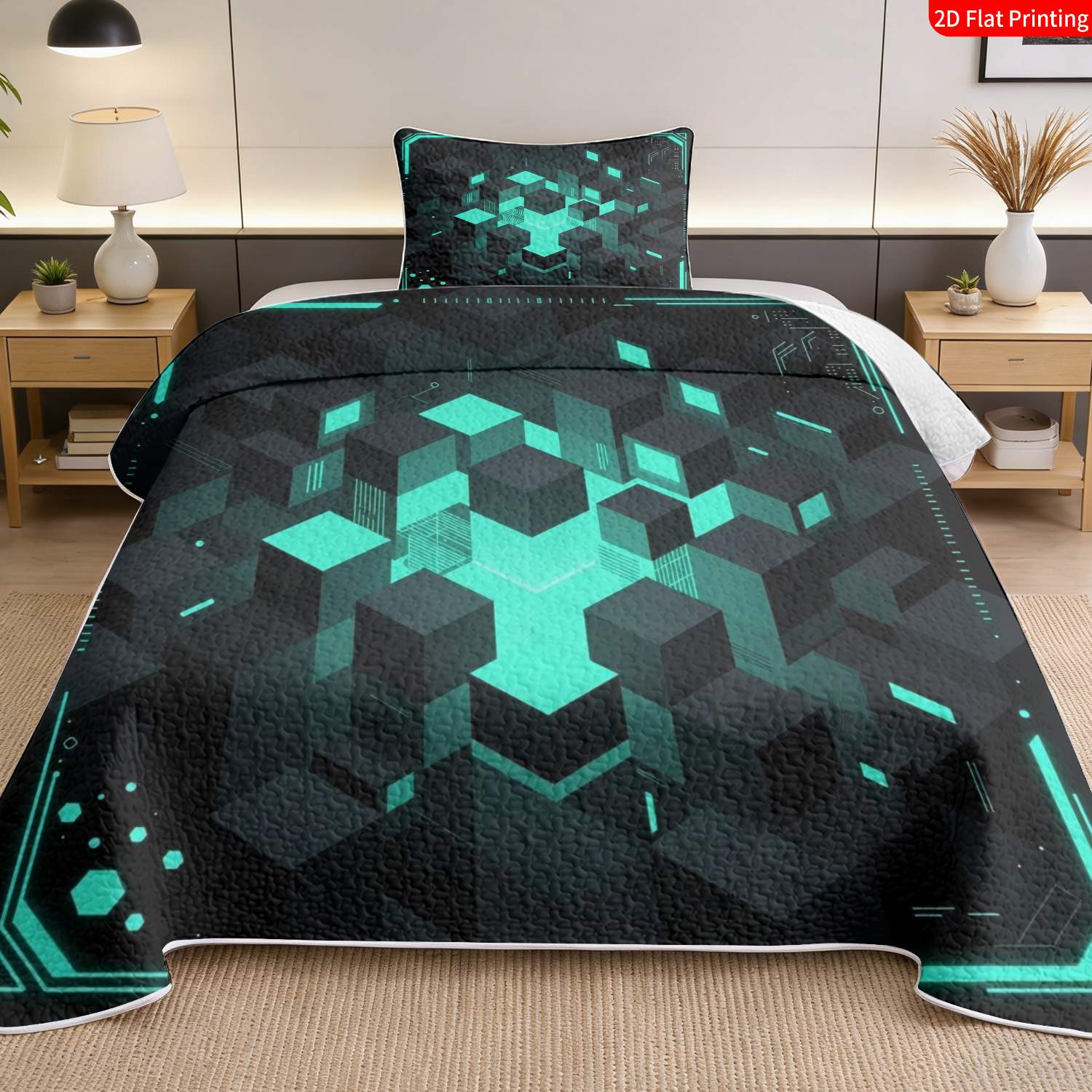 3 pcs, 2D Flat Print Neon Geometric Cubes Bedspread Set, Soft and Comfortable, Multiple Sizes Available, Suitable for Gifting and Daily Use, Ideal for Creating a Cozy Home Atmosphere(1 bedspread , 2 pillowcases)