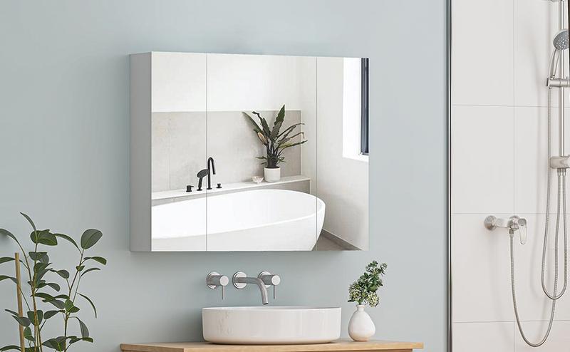 Sikaic Medicine Cabinet with 3 Doors Mirror 3-Adjustable Shelves Storage Organizer White Cupboard Organization Organizing Wood