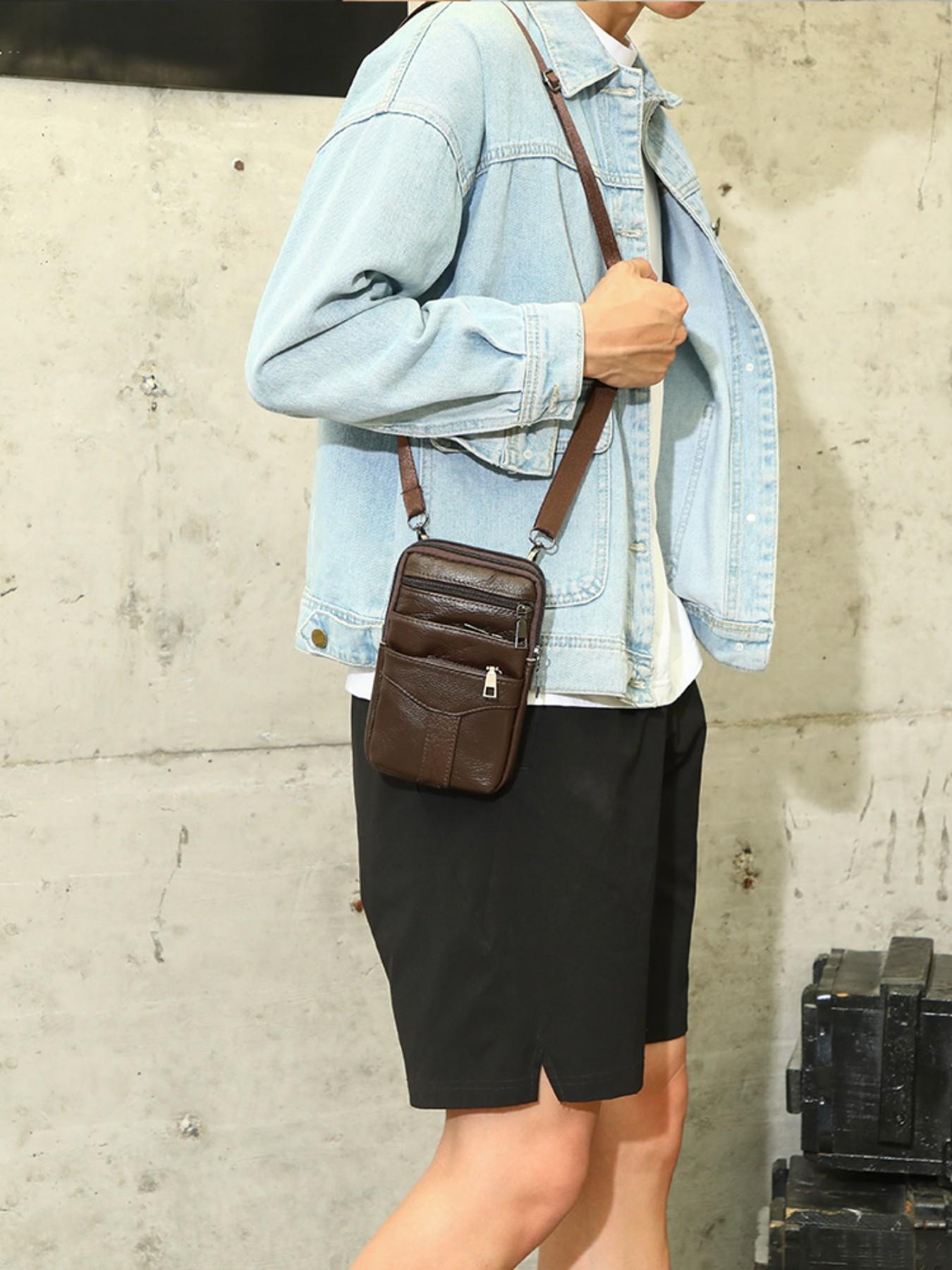 Men's Genuine Leather Phone Waist Bag, Waist Pack, Multi-Zipper Crossbody Belt Pouch, Crossbody Belt Bags, Large Capacity Casual Shoulder Bag, All Seasons Fashion Accessory, Cowhide Belt Bag