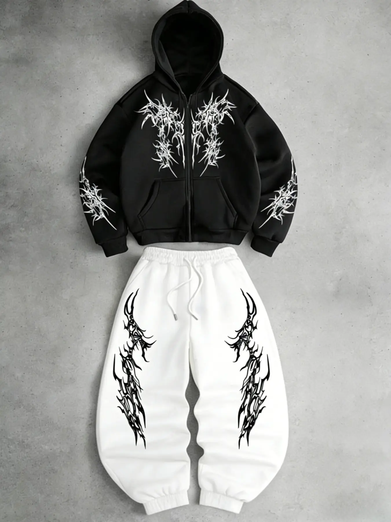 Dark Thorn Totem Zip Hoodie Set, Sweatsuit, Spring Casual Fitted Sweatshirt & Pants, Trendy Unisex Clothing