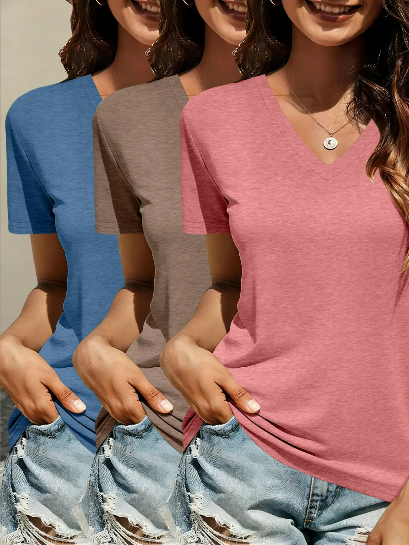 3-Pack Women's Fashion V-Neck Short Sleeve T-Shirts, Cute Summer Tops, Casual Daily Wear, Comfortable Solid Color Tees
