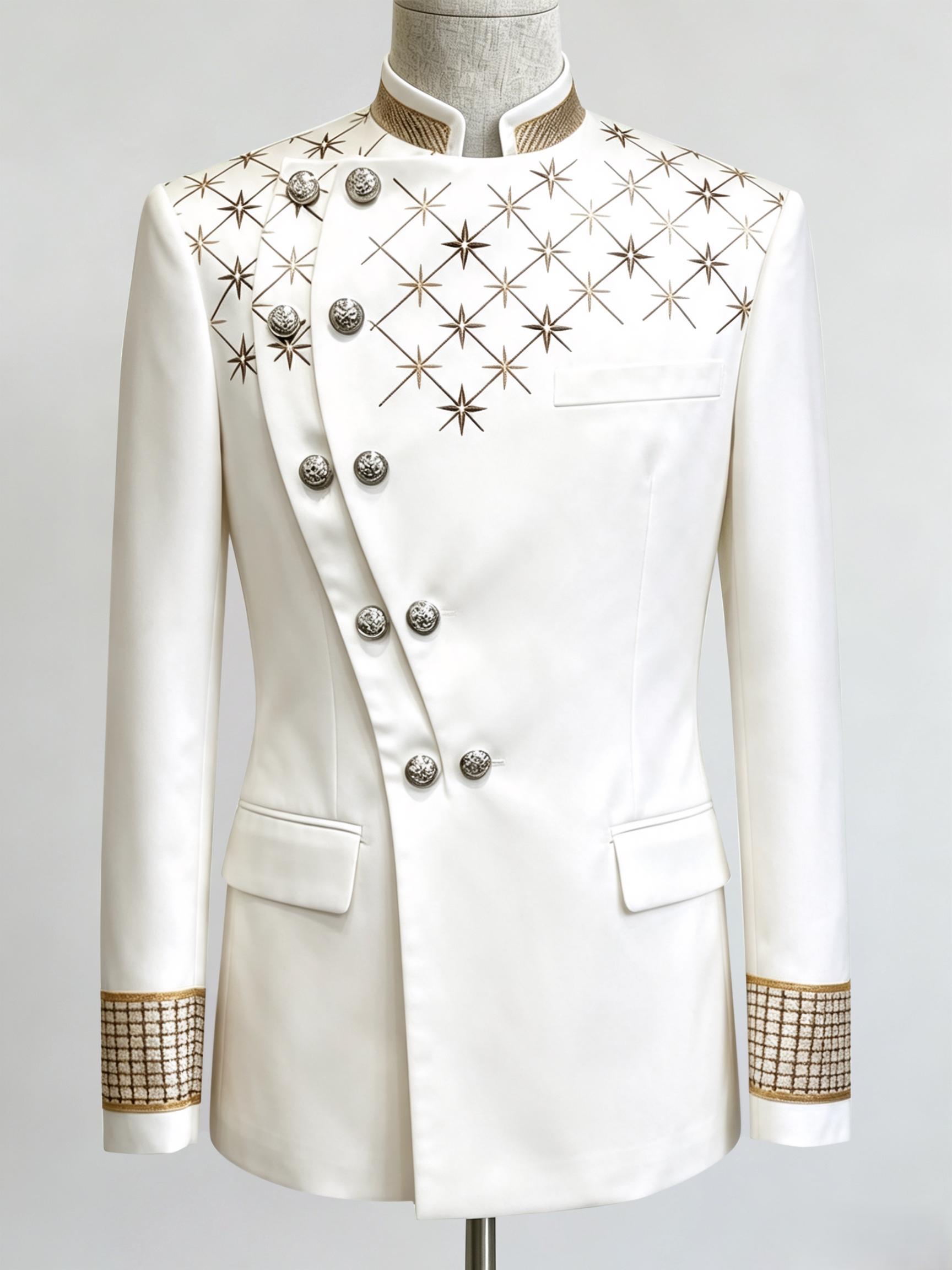 Ainwear Men Stand Collar Blazer Jacket, Asymmetric Button Design, Star Print, Slim Fit, Casual Style, Ideal for Weddings & Parties, Stylish