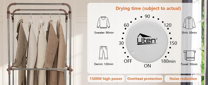Uten Clothes Dryer Portable, 1500W Power Electric Clothes Hooded Dryer Machine with Timer, 2-Tier Laundry Drying Wardrobe, Foldable Clothes Drying Rack and Dryer for Travel, Apartments, RV, Home - Blue